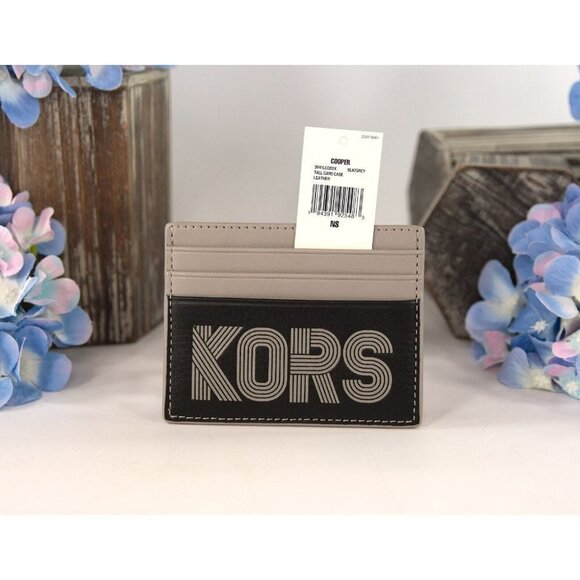 Michael Kors Cooper Black Taupe Leather Tall Card Case Holder Mini Wallet NWT - Picture 1 of 6